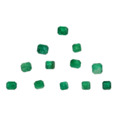 Ten small green rectangular gemstones arranged in a loose triangular pattern on a plain white background.