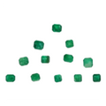 Ten small green rectangular gemstones arranged in a loose triangular pattern on a plain white background.