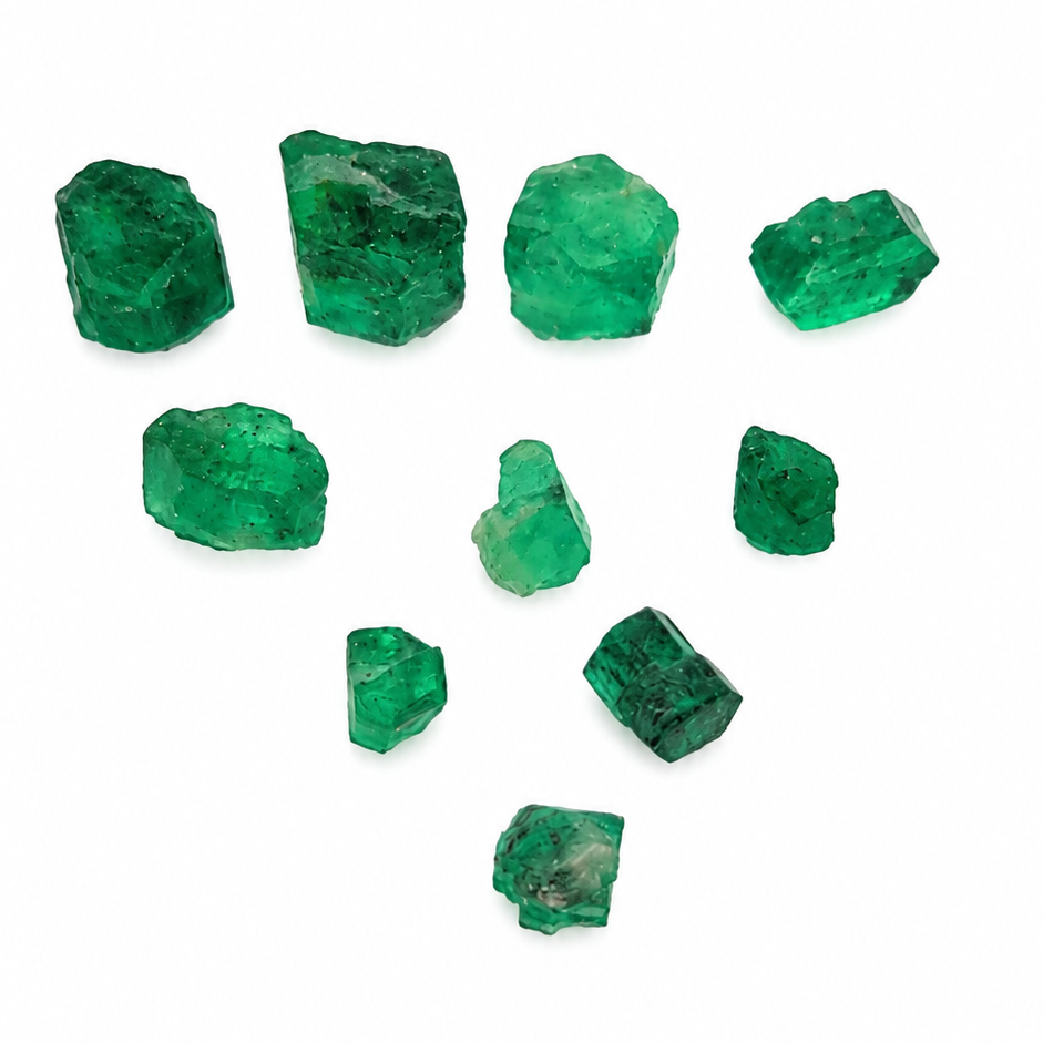 Nine raw, rough green emerald crystals of various sizes arranged in a loose triangular pattern on a solid white background.