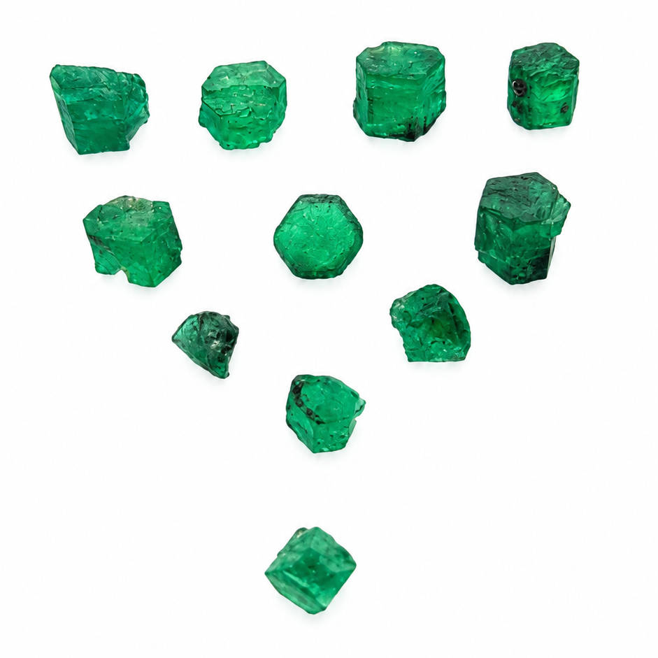 Nine raw green emerald crystals arranged in a pyramid-like pattern on a solid white background.