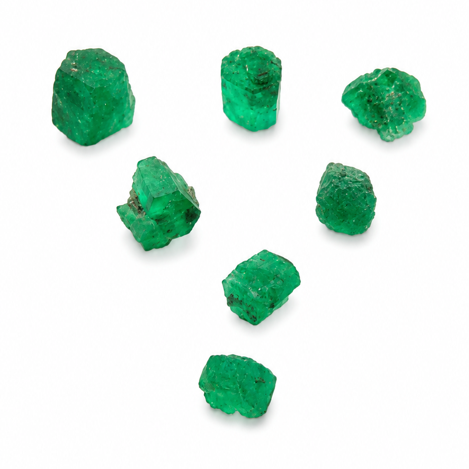 Seven raw emerald stones of various sizes arranged in a loose V-shape on a plain white background.