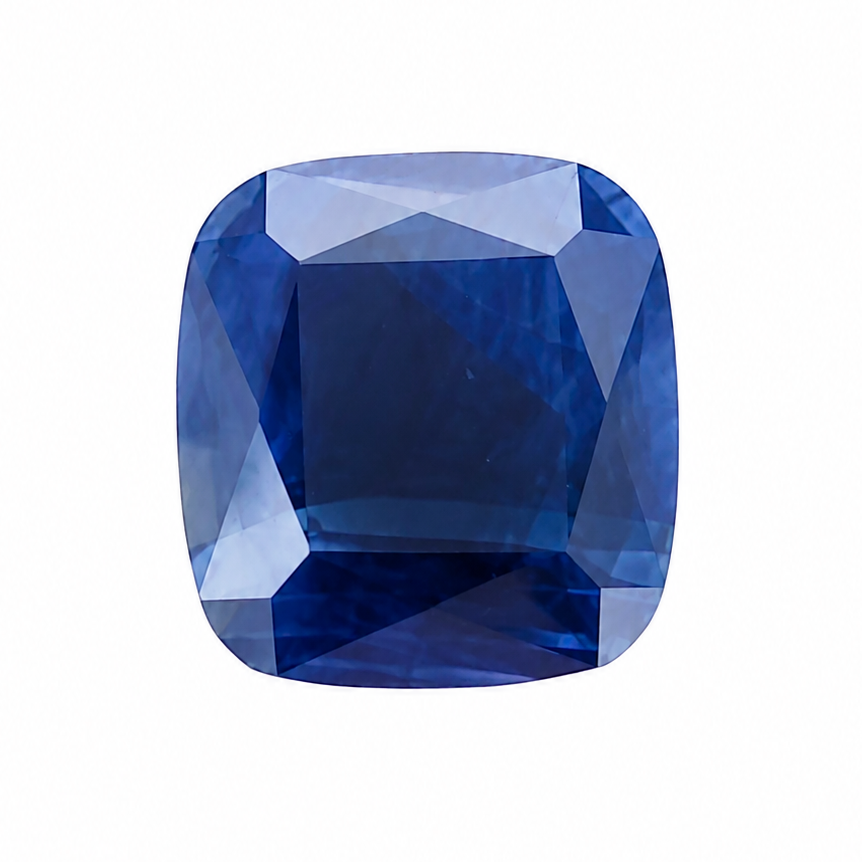 A cushion-cut blue sapphire gemstone with a faceted cushion shape, centered on a plain white background.