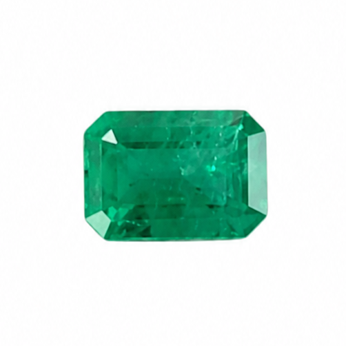 Rectangular green emerald gemstone on a white background