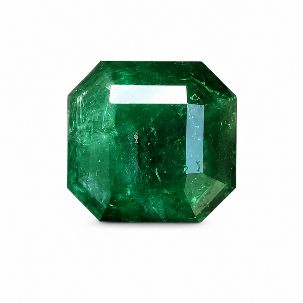 A single emerald-cut green gemstone with visible internal inclusions and a polished faceted surface, centered on a plain white background.