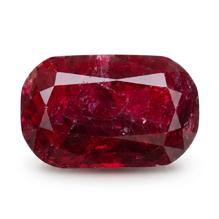 A cushion-cut, faceted ruby gemstone with deep red coloration and natural inclusions, displayed on a clean white background.