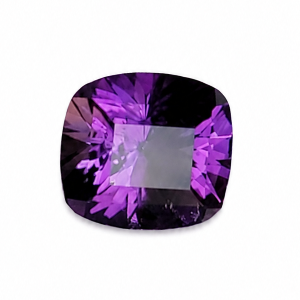 A cushion-cut purple gemstone with faceted edges and a central rectangular section, shown on a plain white background.