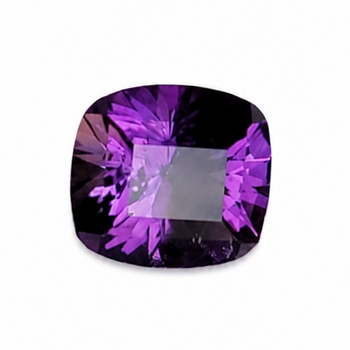 A cushion-cut purple gemstone with faceted edges and a central rectangular section, shown on a plain white background.