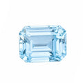 A single light blue emerald-cut gemstone centered on a plain white background.